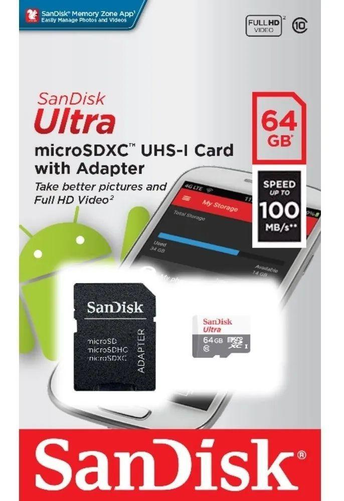 14996590129-3d064b59c356169cc7a25668ed00a713.jpg Cartão MicroSD 64gb Sandisk Ultra 100mb/s - Imagem 1