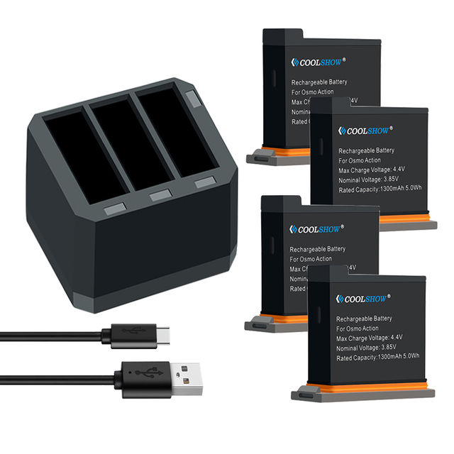 15141895281-baterias-para-dji-osmo-carregador-usb-canal-1300mah-bateria-para-c-mera-de-a-o-dji-jpg-640x640-1.jpg Kit 4 Bateria + Carregador Triplo Para Dji Osmo Action Ab1 - Imagem 1