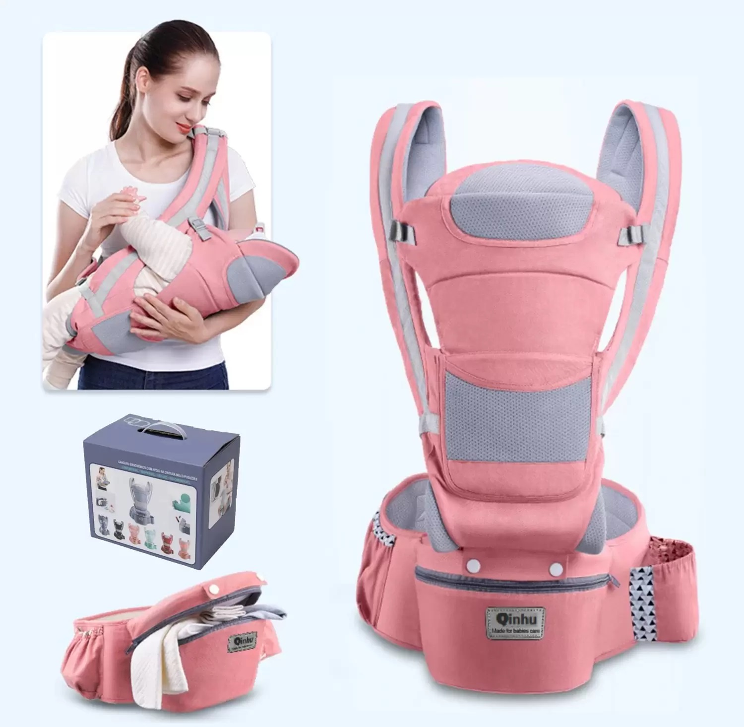 15142619171-4fc20cc2953786acee786a67254fe753-1.jpg Bolsa Canguru Ergonômico Bebê Rosa Mamãe 12 Posições 3 Em 1 - Imagem 1