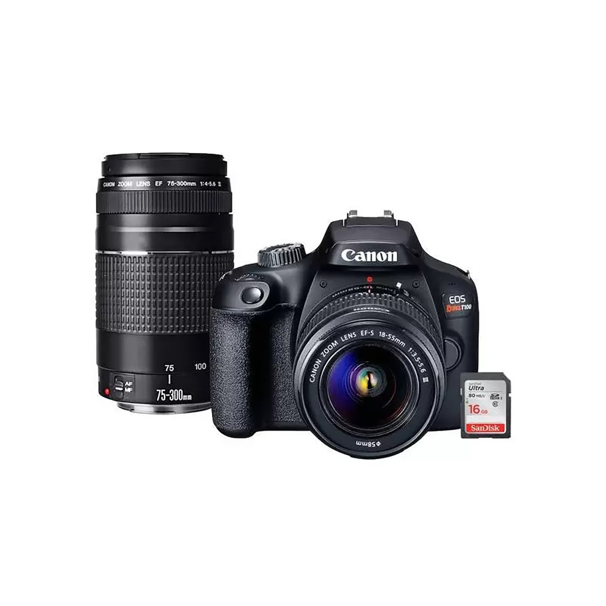 15236755523-8977ea55f3b2de600f7254364894e21c.jpg Kit Premium Câmera Canon T100 Com 18-55mm + 75-300mm - Imagem 1