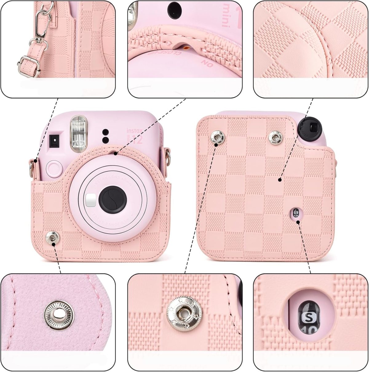 Capa Proteção Bolsa Para Instax Mini 12 Xadrez - Rosa - Imagem 3