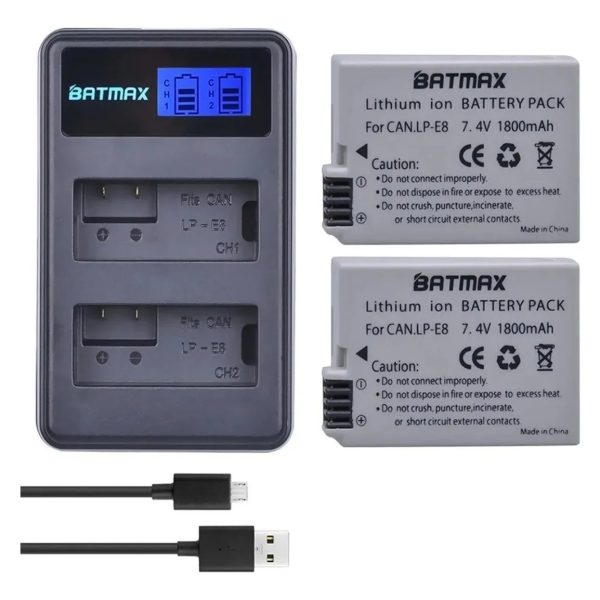 Kit 2 Bateria Batmax Lp-e8 Com Carregador Duplo
